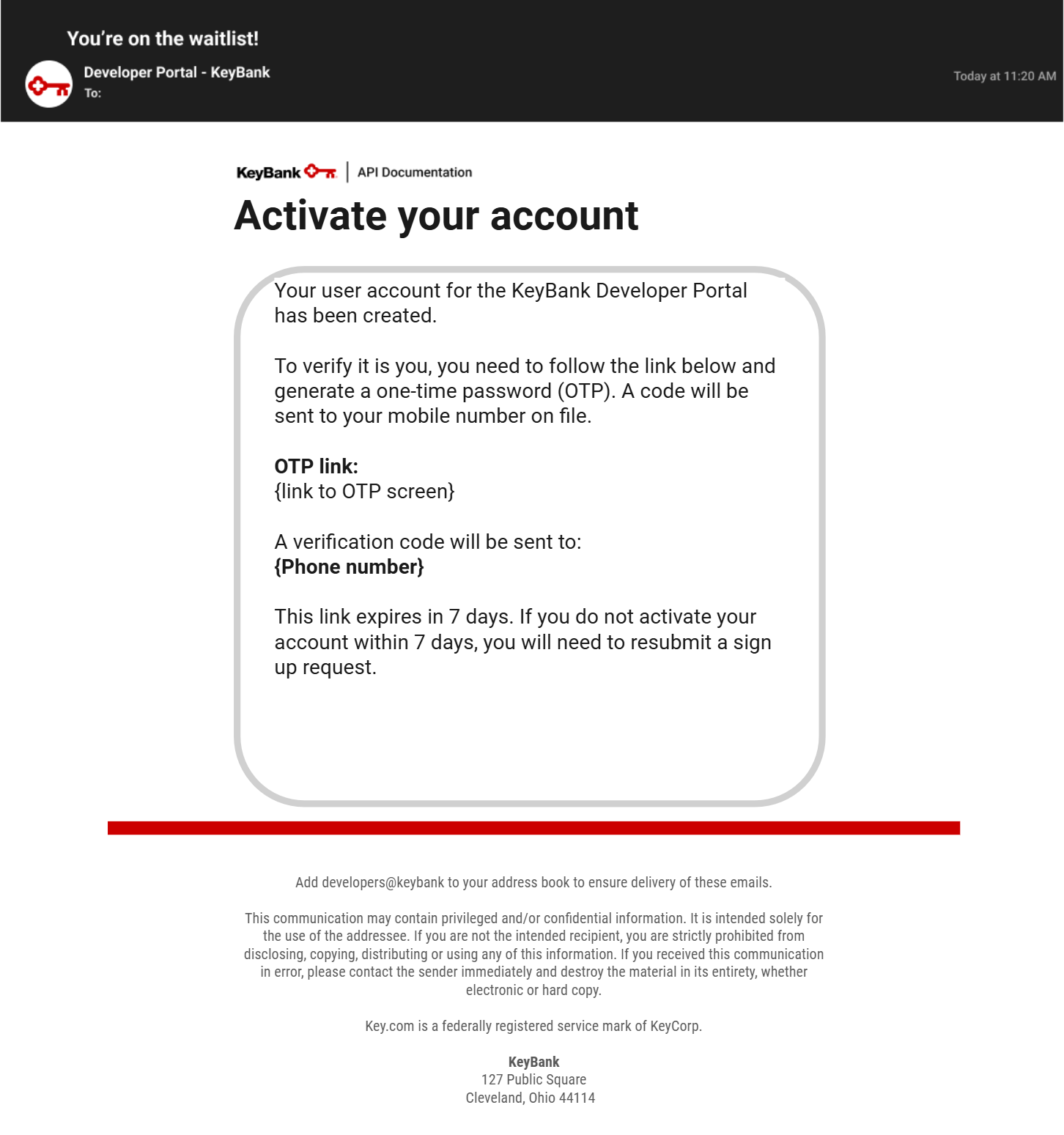 Example of email received to activate your account
