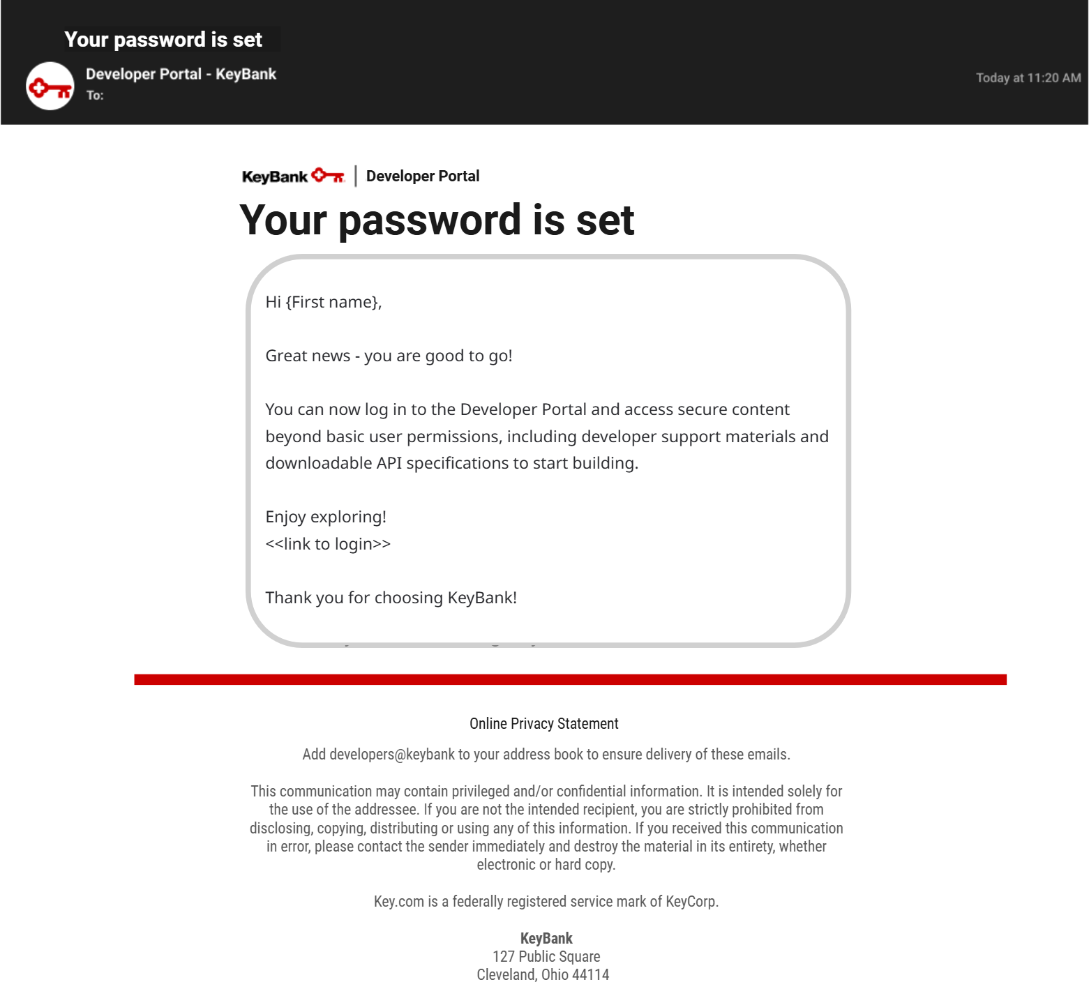 Email from KeyBank Developer Portal confirming “Your password is set,” stating the user can now log in and access developer resources, with a link to the login page.
